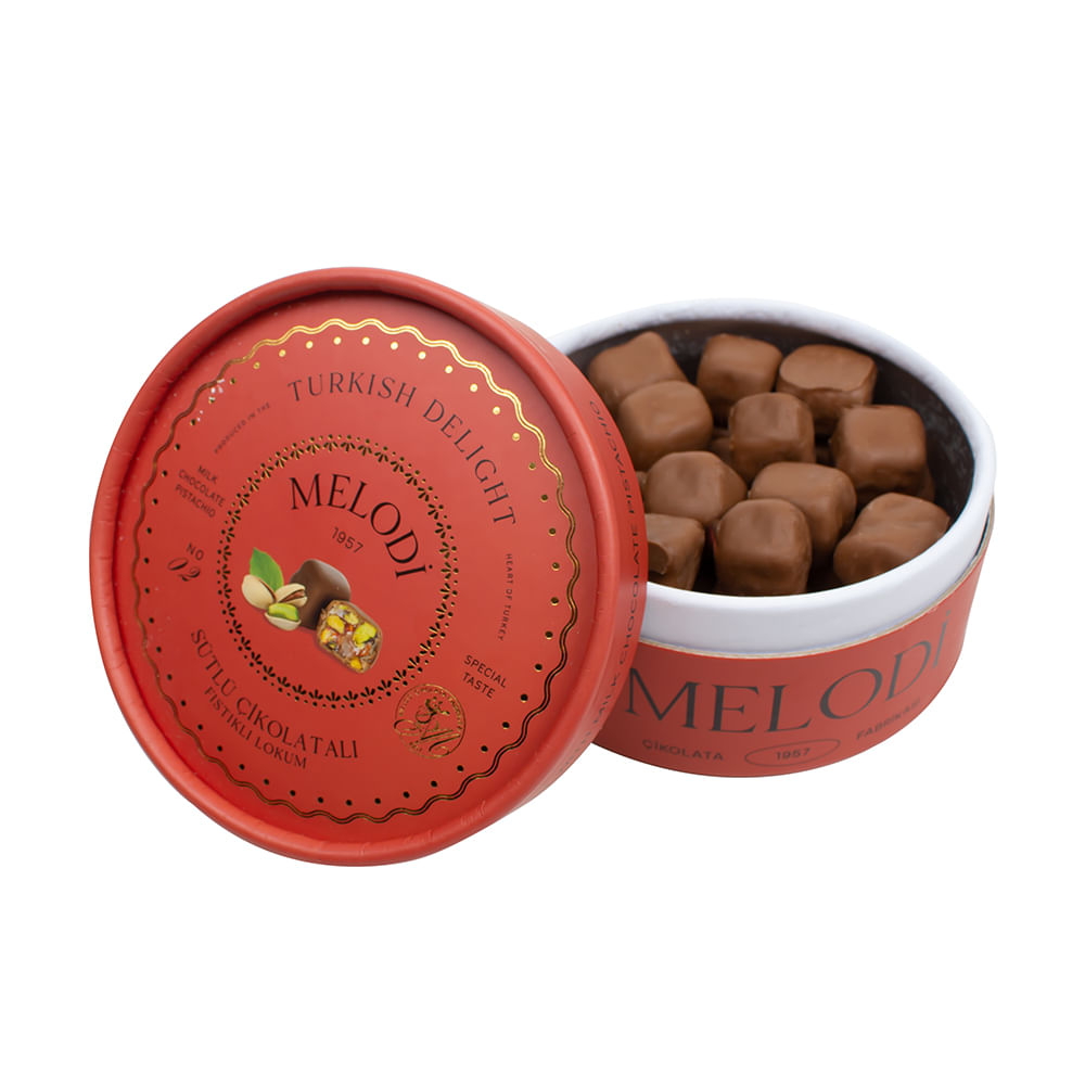 Doce de Goma Delícia Turca com Pistache Coberto com Chocolate ao Leite 250g - Melodi